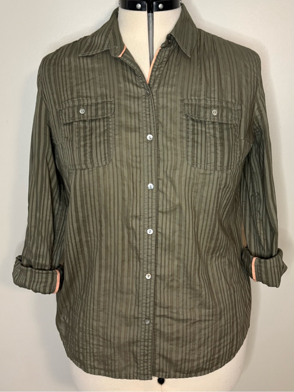 Express Olive Green Striped Button-Down Shirt